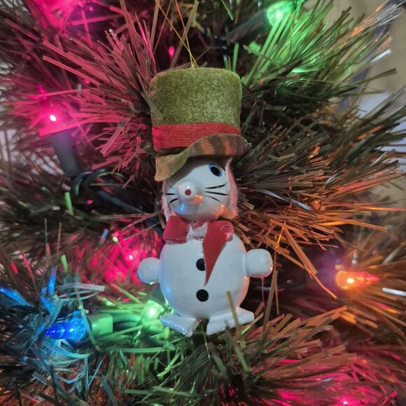 🎄Vintage set of 2 Wooden White Mice with Hat & Golden Glasses - Picture 6 of 8